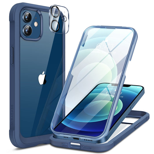 Miracase Glass Series for iPhone 12/12 Pro Case 6.1 inch, Upgraded Full-Body Rugged Phone Bumper Case Cover with Built-in 9H Tempered Glass Screen Protector and Camera Protector, Blue