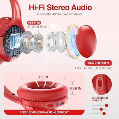 Bluetooth Headphones Wireless 68H with Mic,Decent Sound-Acceptable Red