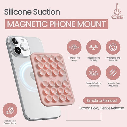 SUCKY Magnetic Suction Cell Phone Grip for MagSafe Case, Silicone Octo Cup Buddy Holder, Hands-Free Removable Mount, Durable Magnet Phone Accessory for iPhone and Android - Chalk Pink