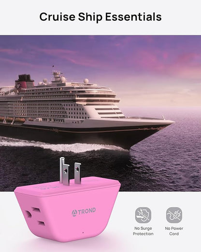 TROND Pink Outlet Extender - Multi Plug Outlet with 3-Prong Grounded Sockets, 3 Way Angled Plug Splitter, Compact and Practical Multiple Wall Expander for Home Travel Cruise Dorm Essentials