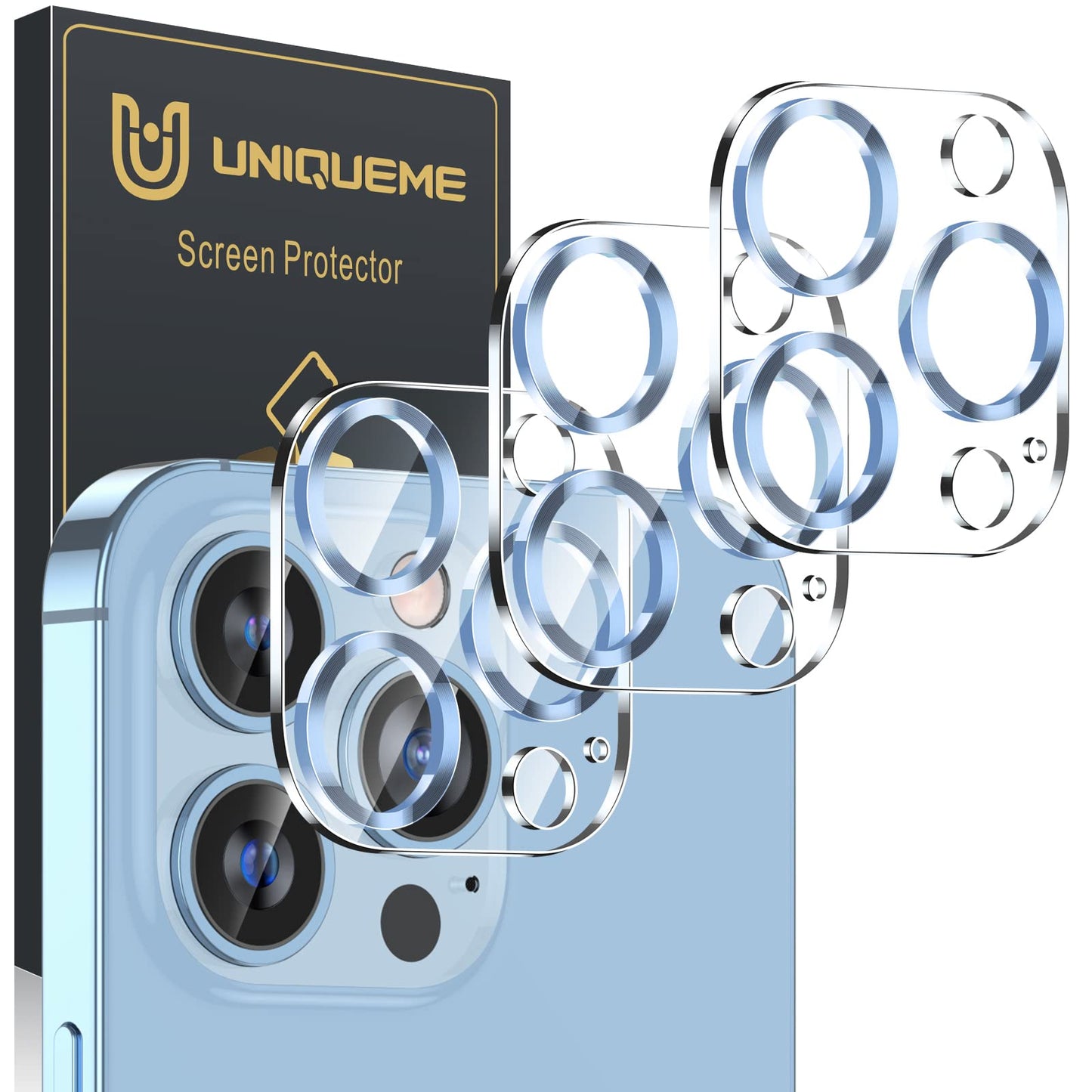UniqueMe [3 Pack] Camera Lens Protector Compatible with iPhone 13 Pro 6.1" / 13 Pro Max 6.7" Tempered Glass,[Case Friendly][New version][Scratch-Resistant][Easy Installation] -Sierra Blue