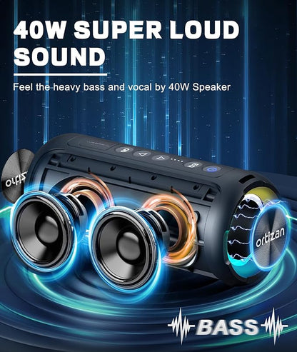 Ortizan Bluetooth Speakers, Portable Wireless Stereo Speaker - IPX7 Waterproof, 30W RMS(40W Peak) Loud Sound, Deep Bass, LED Light, Bluetooth 5.3, for Home/Shower/Outdoor/Beach, Gifts for Adult, Navy