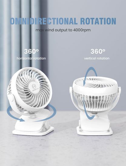 AA Battery Powered Clip on Fan with 4-Speed, 5’’ Small Desk Fan with Aroma Function, USB Powered, 360°Rotation, Ultra Quiet, for Golf Cart, Stroller, Bedroom,Car(Batteries Not Included) (White)
