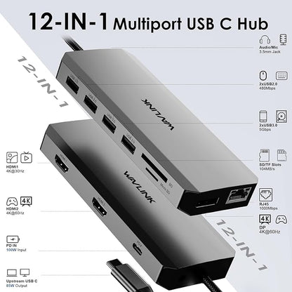 WAVLINK USB C Docking Station Dual Monitor, Triple Display, USB C to 2 HDMI,DisplayPort, PD Charging, Ethernet, 5 USB, SD/TF Read, Audio for MacBook Dell HP Lenovo Surface, Dark Grey