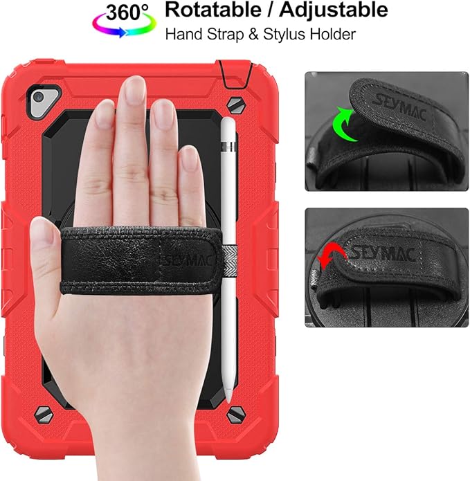 SEYMAC stock Case for iPad mini 5/4 with Screen Protector Pencil Holder [360 Rotating Hand Strap] & Stand, Drop-Proof Case for iPad mini 5th/4th Generation 7.9 inch (Black+Red)