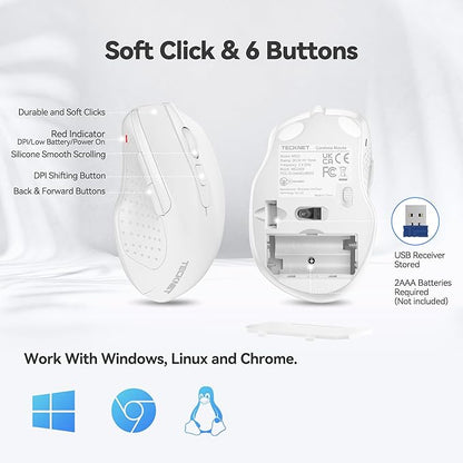 TECKNET Wireless Mouse, 2.4G Ergonomic Optical Mouse, Computer Mouse for Laptop, PC, Computer, Chromebook, Notebook, 6 Buttons, 24 Months Battery Life, 4000 DPI, 6 Adjustment Levels