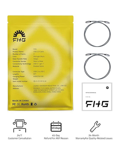 FHG USB C to USB C Cable 6FT 2Pack, PD 60W/3A C to C Cable Fast Charging from 20% to 90% in 30mins, 5Gbps USB C to USB C Data Cable, Nylon Braided Compatible for iPhone 15/Samsung/Android Auto