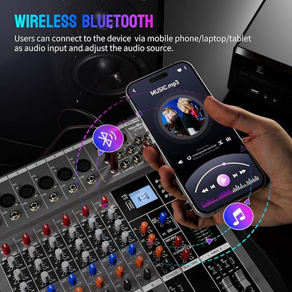 Professional DJ Audio Mixer - NEW BAXS 6 Channel DJ Bluetooth Controller Sound Mixer,USB Interface,6 XLR Mic/Line Input,AUX,FX Processor MP3 Player,+48V Phantom For Karaoke Studio Streaming Recording