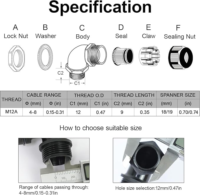 LeMotech M12 Cable Gland, 90 Degree Adjustable 4-8mm Strain Relief, Cord Connectors Nylon Joints with Gaskets, 2 Pcs, Grey