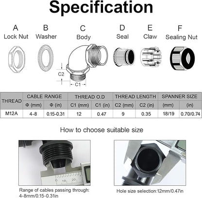 LeMotech M12 Cable Gland, 90 Degree Adjustable 4-8mm Strain Relief, Cord Connectors Nylon Joints with Gaskets, 2 Pcs, Grey