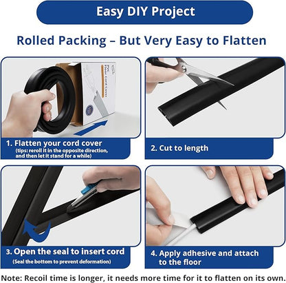 Cord Cover Floor 6ft White, PVC Floor Cable Cover, Cord Hider Floor Cord Protector Prevent Cable Trips & Protect Wires, Floor Cable Management Hide Cords on Floor, Cord Cavity -W0.47 x H0.28