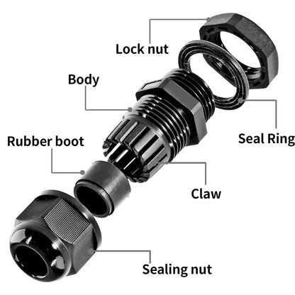 Bonsicoky 20 Pcs Nylon Cable Gland Kit, Black, 1/4" 3/8" 1/2" 3/4" 1"
