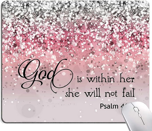 Mouse Pad, Bible Verse Pink Sparkles Glitter Mouse pad, Square Waterproof Mouse Pad Non-Slip Rubber Base MousePads for Office Laptop, (Psalm 46:5 God is Within Her,She Will not Fall)
