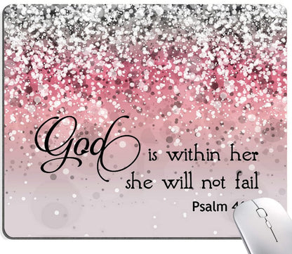 Mouse Pad, Bible Verse Pink Sparkles Glitter Mouse pad, Square Waterproof Mouse Pad Non-Slip Rubber Base MousePads for Office Laptop, (Psalm 46:5 God is Within Her,She Will not Fall)