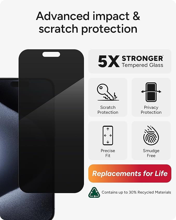 ZAGG InvisibleShield Glass Elite Privacy iPhone 15 Pro Max Screen Protector - 5X Stronger with Reinforced Edges, 2-Way Privacy Filter, Scratch & Smudge-Resistant Surface, Easy to Install