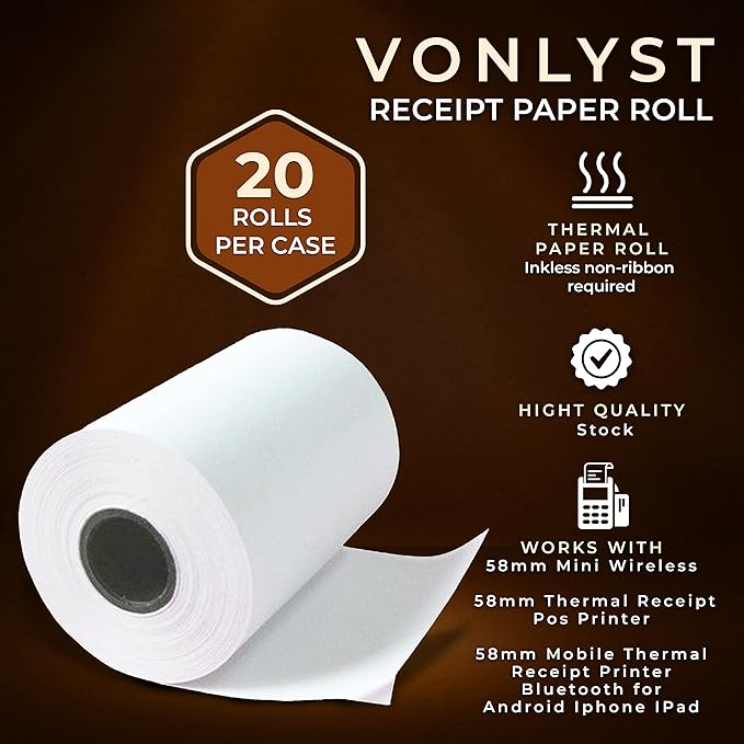 Receipt Paper Roll for 58mm Mobile Portable Thermal Printer (Pack 20 rolls)