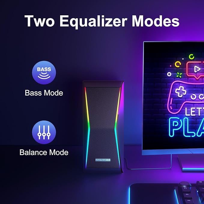 Computer Speakers, Bluetooth 5.0 Hi-Fi Stereo PC Speakers, 4 Dynamic Lighting Modes, AC Adapter Powered and 3.5mm AUX-in Computer Speakers for Desktop PC, Monitor, Laptop, Tablet, Phone