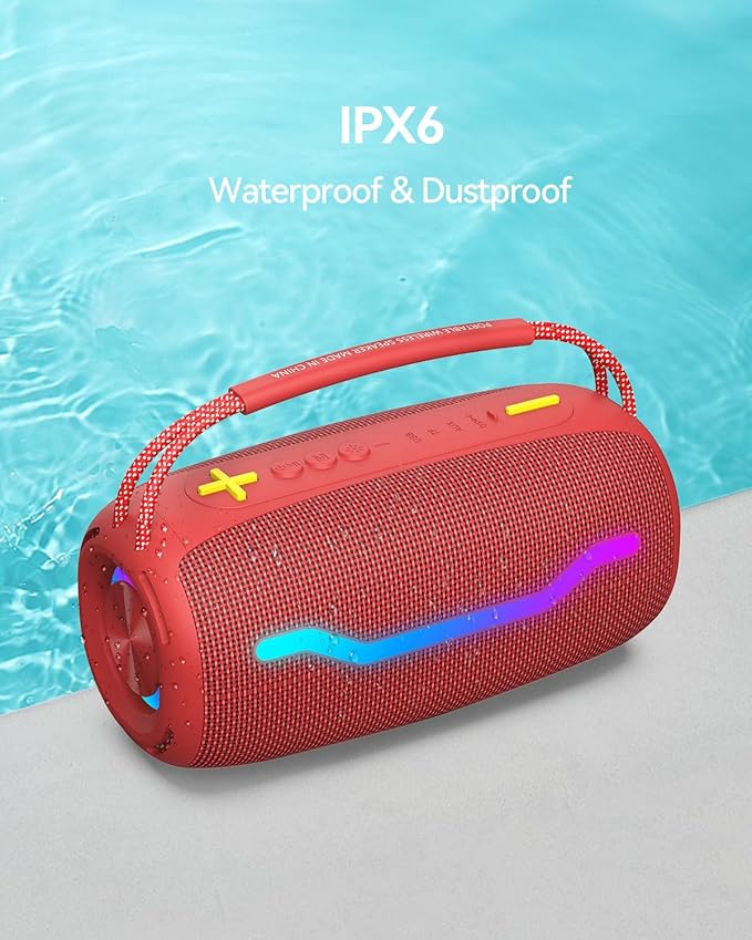 Portable Bluetooth Speaker with Light, Loud Sound and Deep Bass, IPX6 Waterproof, Up to 18H Playtime, TWS Pairing, Support Bluetooth/AUX/USB/TF Card for Home, Party, Outdoor and Travel (Red)