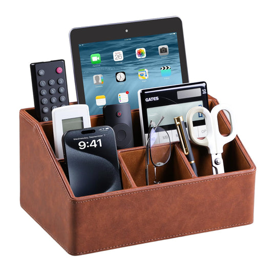 MEIBOOCH PU Leather Desk Organizer, Remote Control Holder, Brown