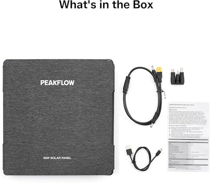 PEAKFLOW 65W Solar Panel,Foldable Portable Solar Panel,25.4% High-Efficiency, 45W PD USB-C Port,QC3.0 USB-A Port,DC5521 Output, Folding IP 68 Waterproof Solar Panels with Carabiners for Camping
