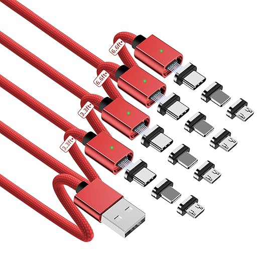 ZBF Magnetic Charging Cable 3A Fast Charging (4-Pack, 3.3/3.3/6.6/6.6 ft) 3 in 1 Magnetic Phone Charger, 480Mbps Data Transfer, USB A to Type C Charger Cable USB-C/Iproduct Micro USB Device (Deep Red)