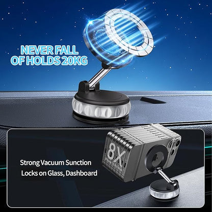 Vacuum Suction Magnetic Phone Holder, 2025 Upgraded Foldable Retractable Suction Cup Mount Magnetic Phone Mount for Your Car, 360° Adjustable Cell Phone Stand for Cars /Gyms/Mirrors/Smooth Surface