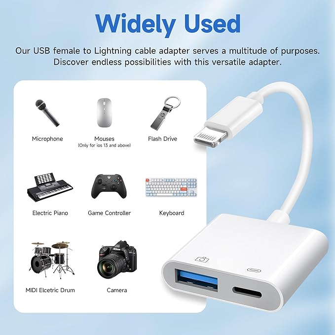 [Apple MFi Certified] Lightning to USB Camera Adapter with Charging Port, Portable USB3.0 Female OTG Cable Adapter for Select iPhone, iPad Models, Support Card Reader, USB Flash Drive, Keyboard, Mice