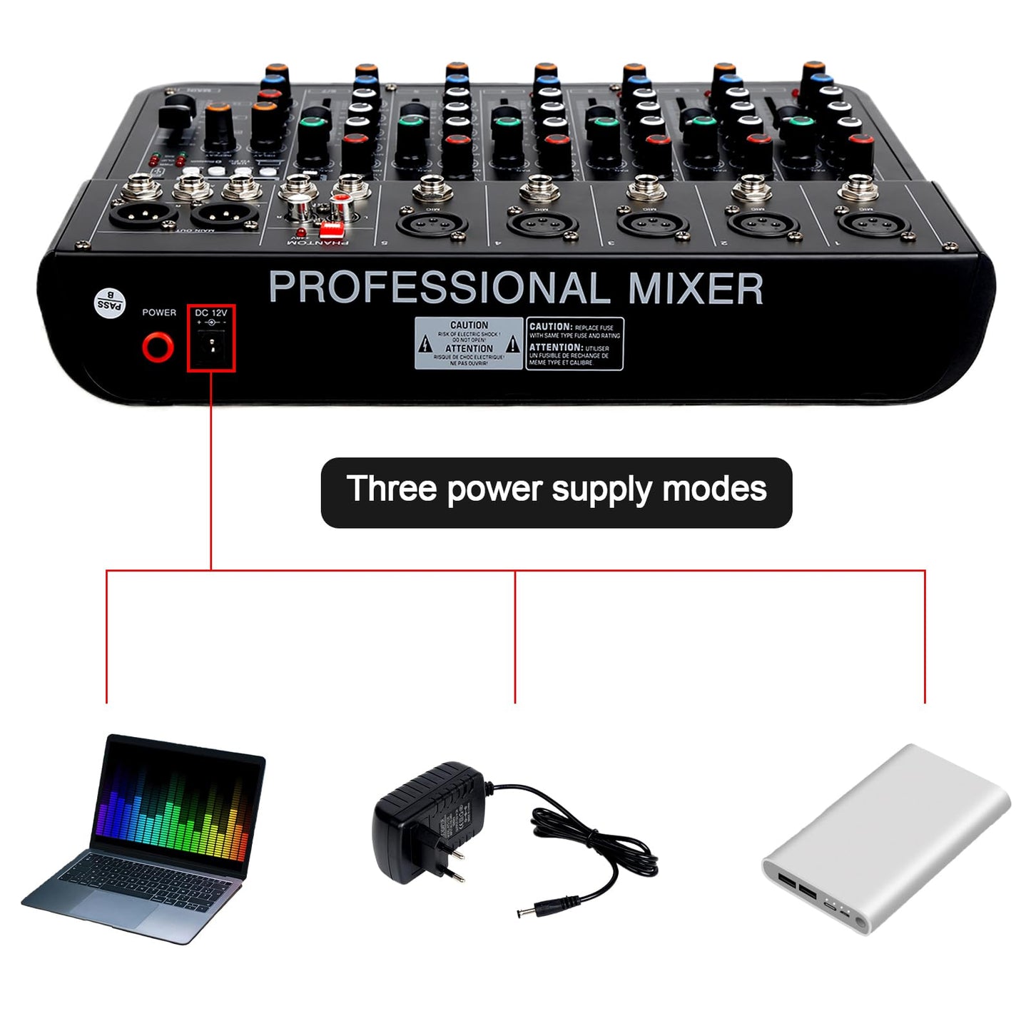 Jindaaudio 7 Channel mixer, DJ Mixer Board, Audio Sound Card with Interface Recording and 48V Phantom Power, Sounds Mixer Board with FX Reverb Delay Effect for Streaming