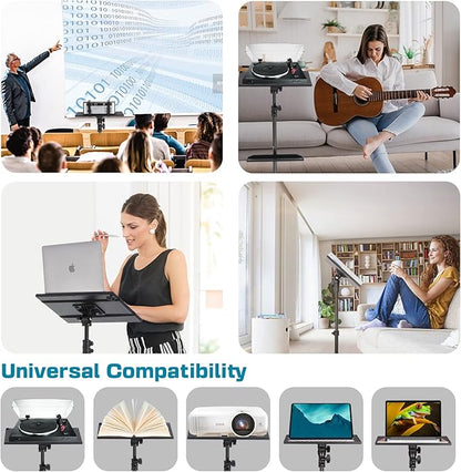 Lusweimi Projector Tripod Stand, 50” Laptop Stand with 2 Shelves for Projector, iPad, DJ Equipment, Portable Adjustable Floor Stand with Gooseneck Phone Holder for Office, Home, Stage or Studio