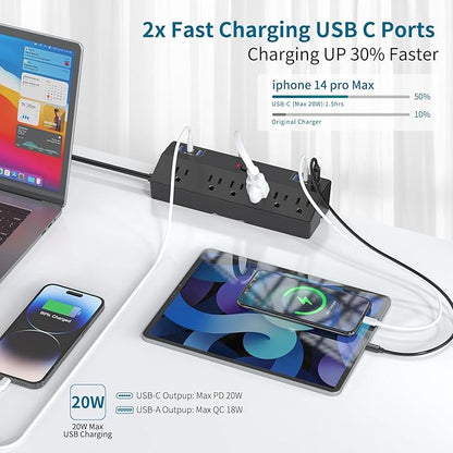 Desk Clamp Power Strip with 40W Fast Charging Station, JXGUCAT 10ft Flat Plug Power Strip Surge Protector, 2 USB-C Ports, 6 AC Outlets, Fit 2.48" Tabletop Edge, Home Office Desk Accessories Essentials