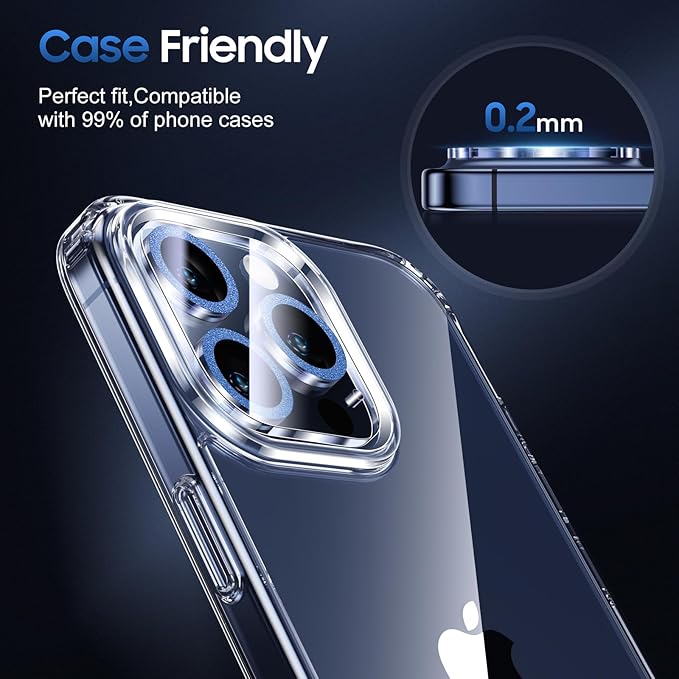 UniqueMe for 3 Pack iPhone 15 Pro/iPhone 15 Pro Max Camera Lens Protector, [Drop Protection] [Case Friendly] 9H+ Tempered Glass Camera Cover Screen [Update New Version] - Glitter Blue