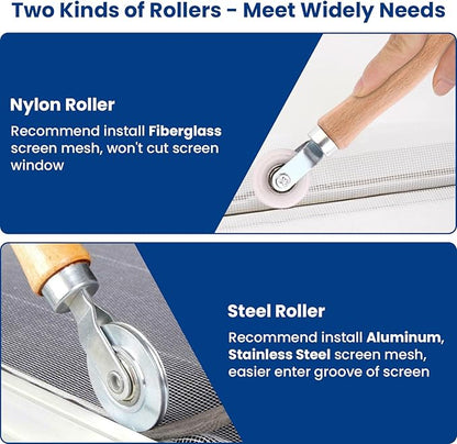 4 in 1 Screen Repair Kit, Screen Roller Tool Kit Inlcuded Metal/Nylon Screen Roller Tool, Spline Removal Hook and Screen Clips, Screen Repair Tool for Installing Door Window Mesh