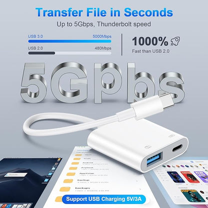 USB C to OTG Cable Charger Adapter for iPhone 16 Pro Max/16e/15/15 Pro Max 2-in-1 Type C to USB Camera Adapter with PD 60W Fast Charging for Samsung Galaxy S25 Edge/S24/S23/S22/S21/A16 5G/A26/A36/A56