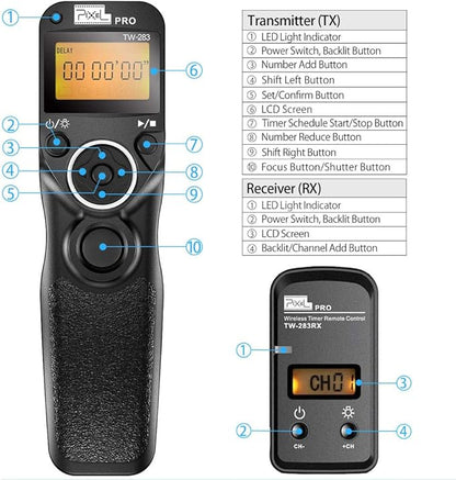 Pixel TW-283 E3 Wireless Shutter Release Remote Control Compatible for Canon Eos R6 R8 RP XT XTi XS XSi T1i T2i T3 T3i T4i T5 T5i T6i T7i T8i 1300D 1100D 1000D 550D 500D 450D 400D 350D 300D 90D