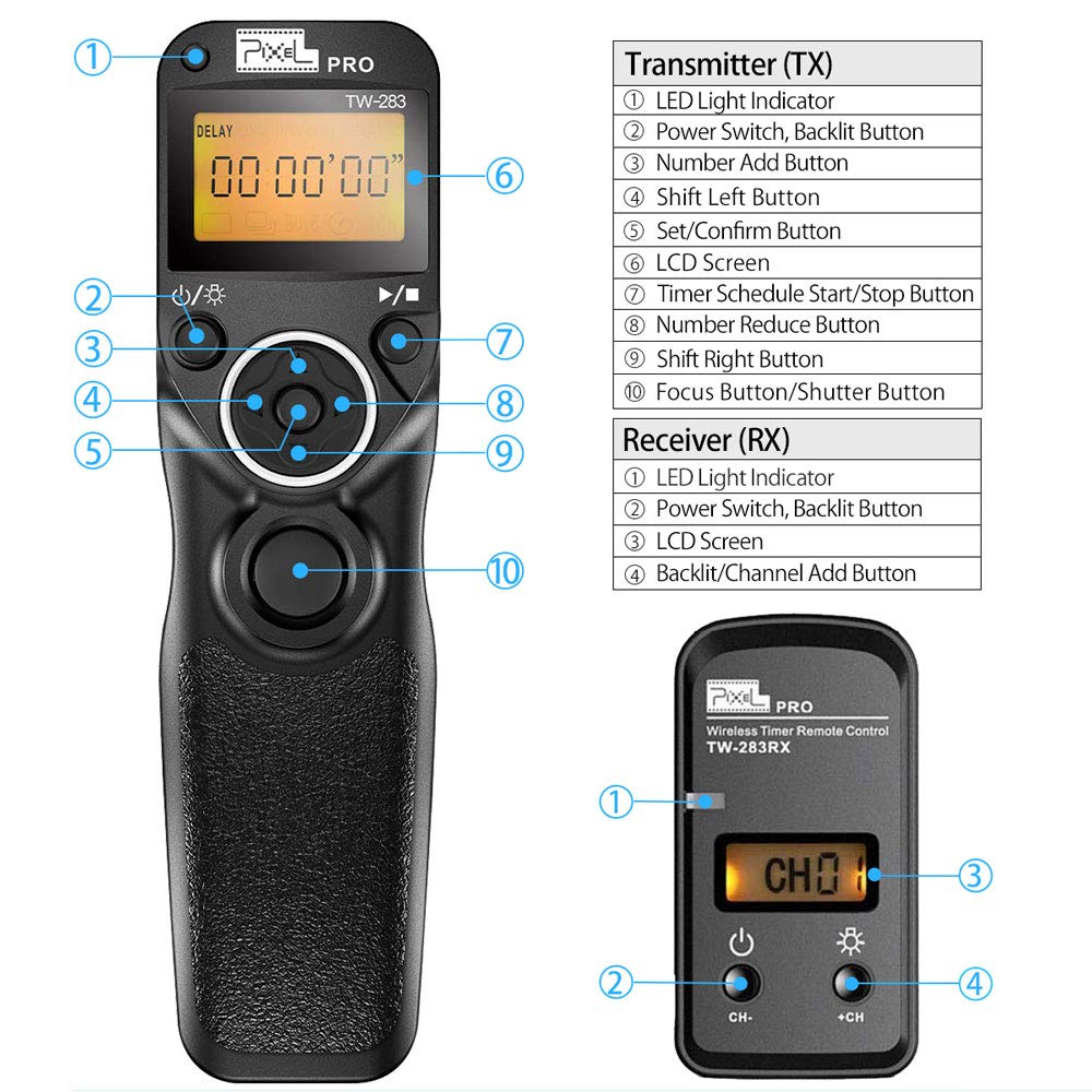 Remote Control Compatible for Sony, Pixel Wireless Shutter Release Cable TW-283 S1/S2 Timer Remote Control Compatible for Sony Alpha A100 A350 A450 A550 A560 A9 A99 A77 A7RII A7