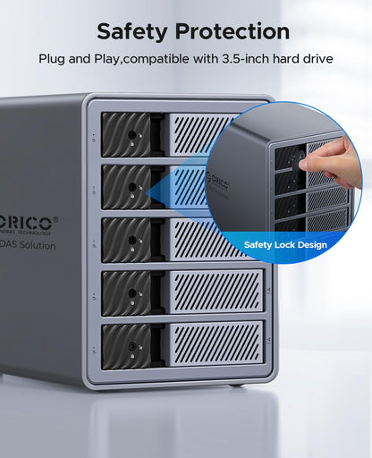 ORICO RAID 5 Bay HDD Enclosures USB 3.0 Push-Pull Mounting for 3.5-inch HDD, Max 110TB, External Direct Attached Storage 8 RAID Modes Supported 9858RU3