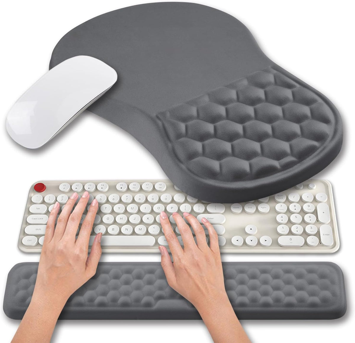Hokafenle 2 in 1 Ergonomic Mouse Pad Wrist Support & Wrist Rest for Computer Keyboard Set, with Relieve Carpal Tunnel Pain Massage Bulge and Full Memory Gel Design (2In1 Set, Sand Color)