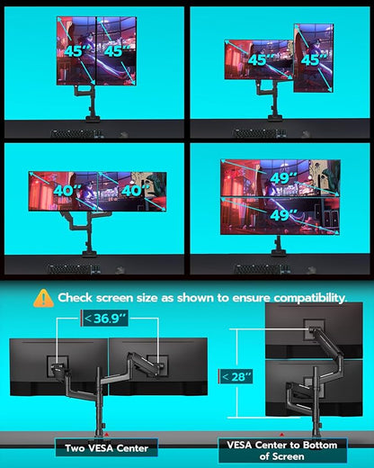 Vertical Dual Monitor Mount for 17-49 Inch Ultrawide Heavy Duty Curved Screen Stacking, Computer Monitor Arm Desk Mount with USB, Gas Spring Adjustable Vesa Stand, Black