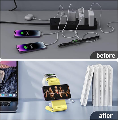 Magnetic Wireless Charger Stand, 3 in 1 Foldable Wireless Charging Station, Travel Charger for Multiple Devices for iPhone 16 15 14 13 12 Series, Apple Watch Ultra/SE/9/8/7/6/5/4/3/2, AirPods
