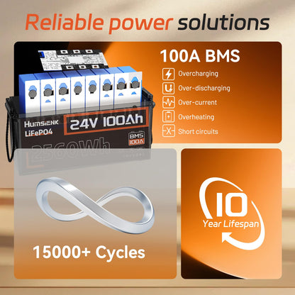 HumsiENK 24V 100Ah LiFePO4 Lithium Battery, Built-in 100A BMS with Low-Temp