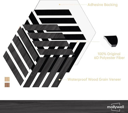 Mollywell Hexagon Acoustic Panels, Black Oak TH4, 14x12x0.4 Inch, 12 Pack |Wood Veneer|High Density Sound Proofing Wall Panels|Self Adhesive Sound Dampening Felt Wall Tiles|Home Theater|Gaming Room|