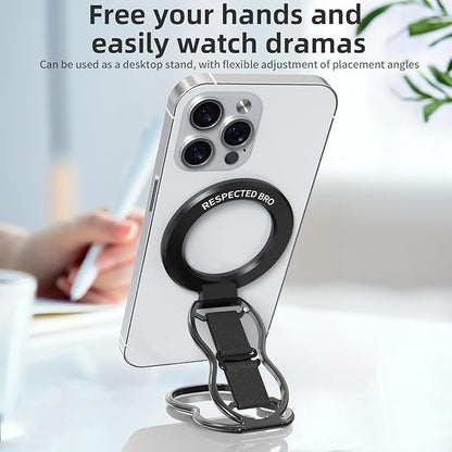 RESPECTED-BRO-Magnetic-Phone-Grip-Stand-with-Finger-Strap, 4-in-1 Magnetic Ring Holder, Kickstand and Elastic Strap for Smartphones, Universal Fit for iPhone, Android, and Cases (Black)