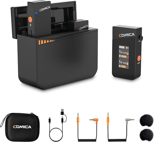 COMICA Vimo C3 Wireless Lavalier Microphone with Noise Cancellation, 656ft Transmission, Gain Control, Compact Wireless Lapel Microphone for DSLR Cameras/Android/Live-Streaming/Vlogging/YouTube
