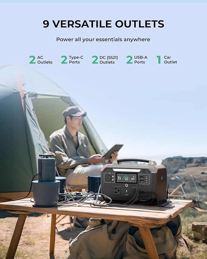 Andes 600 Pro Portable Power Station, 584Wh LiFePO4 Hybrid Battery Backup, [1 Hour 80%] Fast Charging, 600W SiCPrime Solar Generator for Outdoor Camping, RVs, Home Use (Solar Panel Optional)