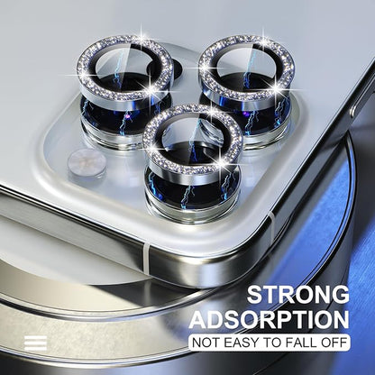 Choiche Compatible for iPhone 15 Pro/iPhone 15 Pro Max Camera Lens Protector Bling, 9H Tempered Glass Camera Cover Screen Protector Metal Ring Decoration Accessories (Glitter-Silver)
