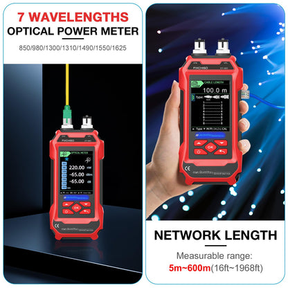 FIXCHIGO 10 in 1 Network Cable Tester with 7 Wavelengths OPM 10Km/10mW VFL 600M Measurable Length 100 Records Tool Kit for CAT5 CAT6 Telephone Ethernet RJ11 RJ45 PoE Wire Tracer NCV, Red