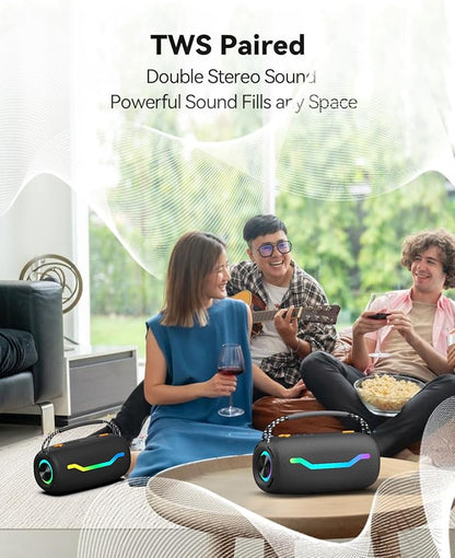 Portable Bluetooth Speaker with Light, Loud Sound and Deep Bass, IPX6 Waterproof, Up to 18H Playtime, TWS Pairing, Support Bluetooth/AUX/USB/TF Card for Home, Party, Outdoor and Travel (Black)