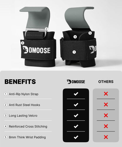 DMoose Fitness Weight Lifting Hooks (Pair) for Deadlifts, Pull Ups, Rows & Shrugs - Anti-Rip Nylon Strap Hand Grips with Thick Wrist Padding - Heavy Duty Wrist Straps for Weightlifting (Grey)