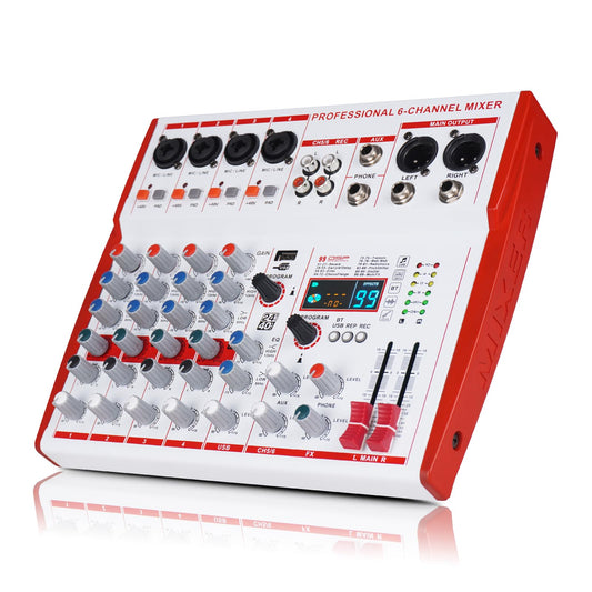 Yamnweo MW-6 White 6 Channel Professional DJ Audio Mixer, Portable Controller Mixer with DSP 99 Preset Effects for Live Streaming, Podcasting, Family Party, Music Recording