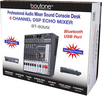 Boytone Dj Mixers 8 Channel Audio Mixer Sound Board with Bluetooth, USB MP3 Port Player with 48V Phantom Power Sounds Mixer with 16 Bit FX Effect, BT-80MX